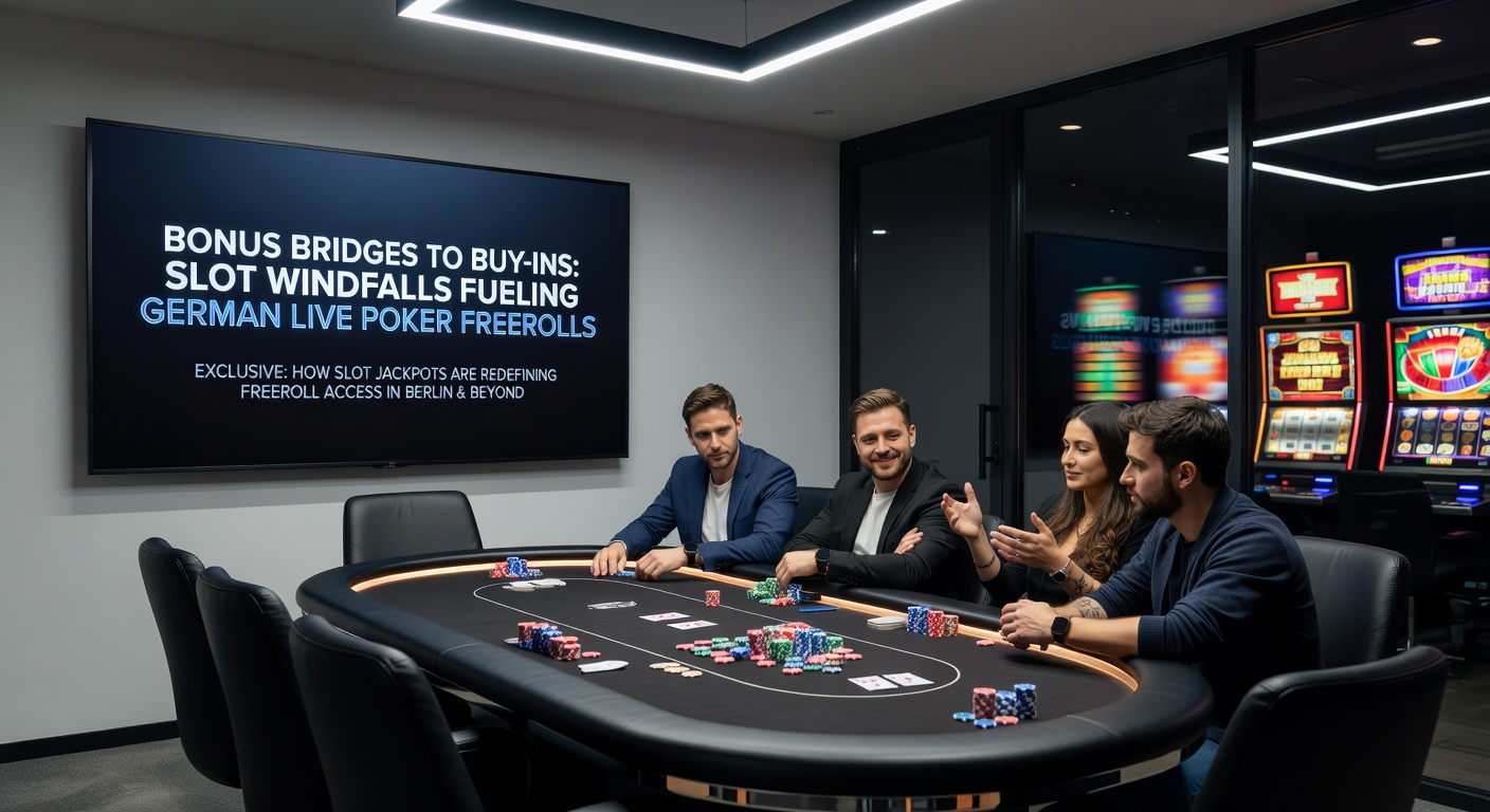 Spieler am Live-Poker-Tisch in einer deutschen Spielbank, umgeben von Slot-Maschinen im Hintergrund, die den Übergang von Slots zu Poker symbolisieren