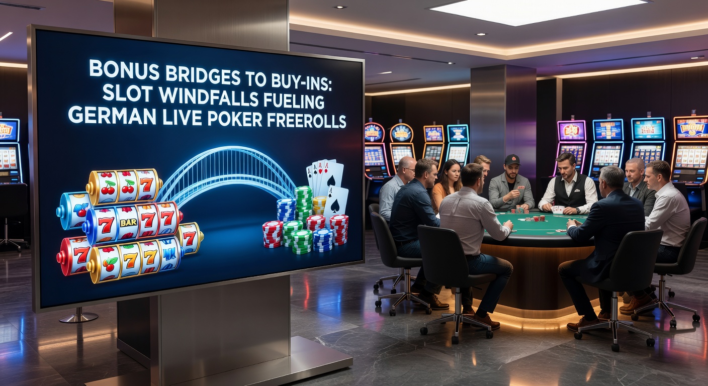 Nahaufnahme eines Slot-Jackpots, der in Poker-Chips umgewandelt wird, mit einem Live-Turnier im Hintergrund in einer deutschen Spielbank