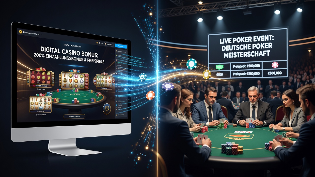 Darstellung von digitalen Casino-Aktivitäten und Poker-Events mit verbindenden Anreizstrukturen