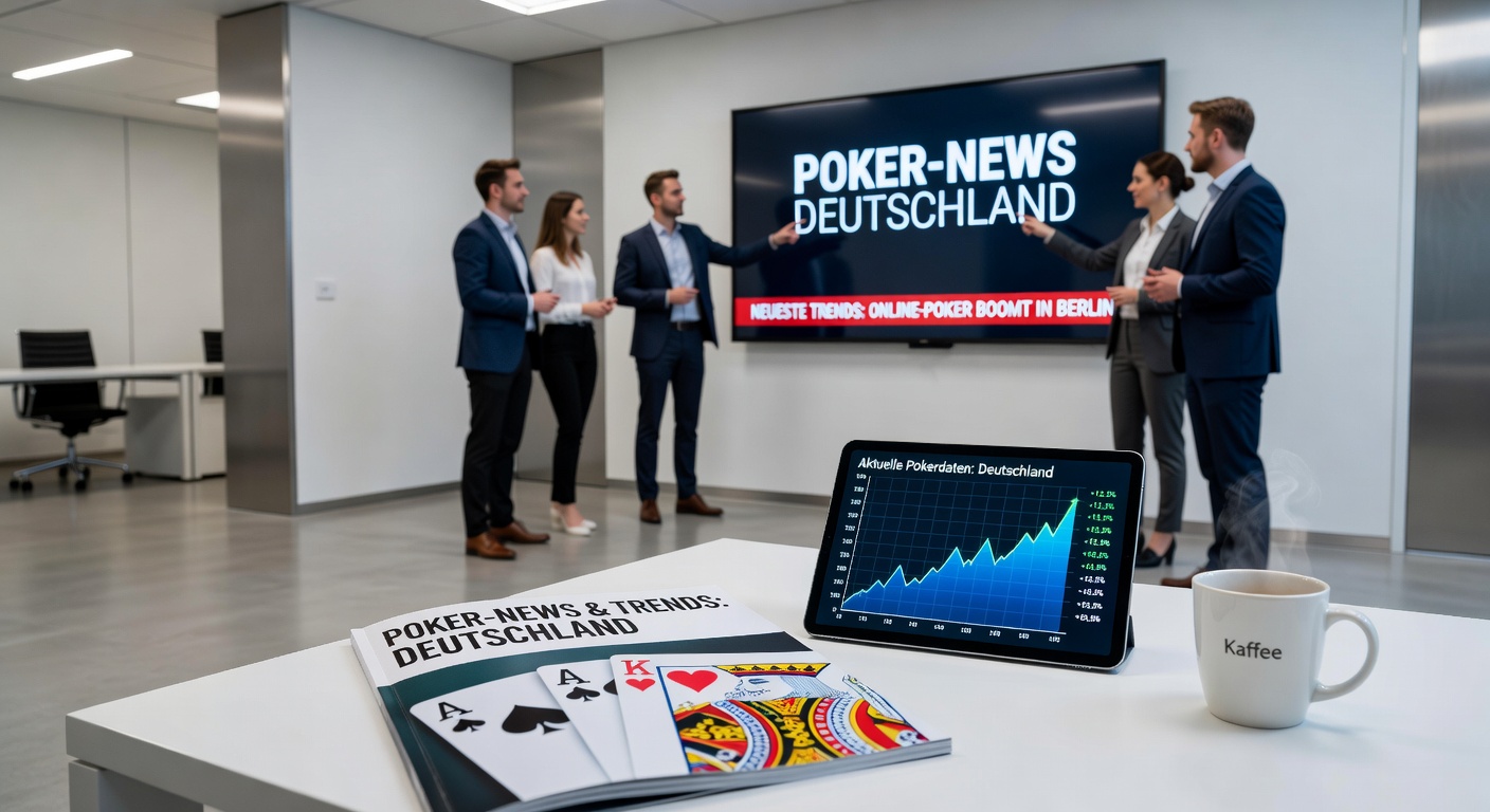 Spielbank Berlin bei Nacht mit Pokerturnier-Atmosphäre, beleuchtetes Gebäude und Pokertische im Vordergrund