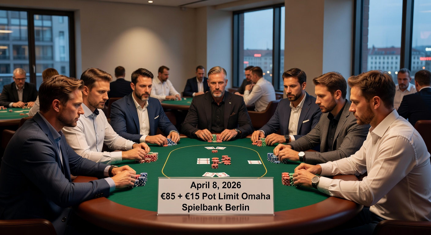 Pokerchips und Karten auf einem PLO-Tisch in der Spielbank Berlin, mit Fokus auf Pot Limit Omaha Hands
