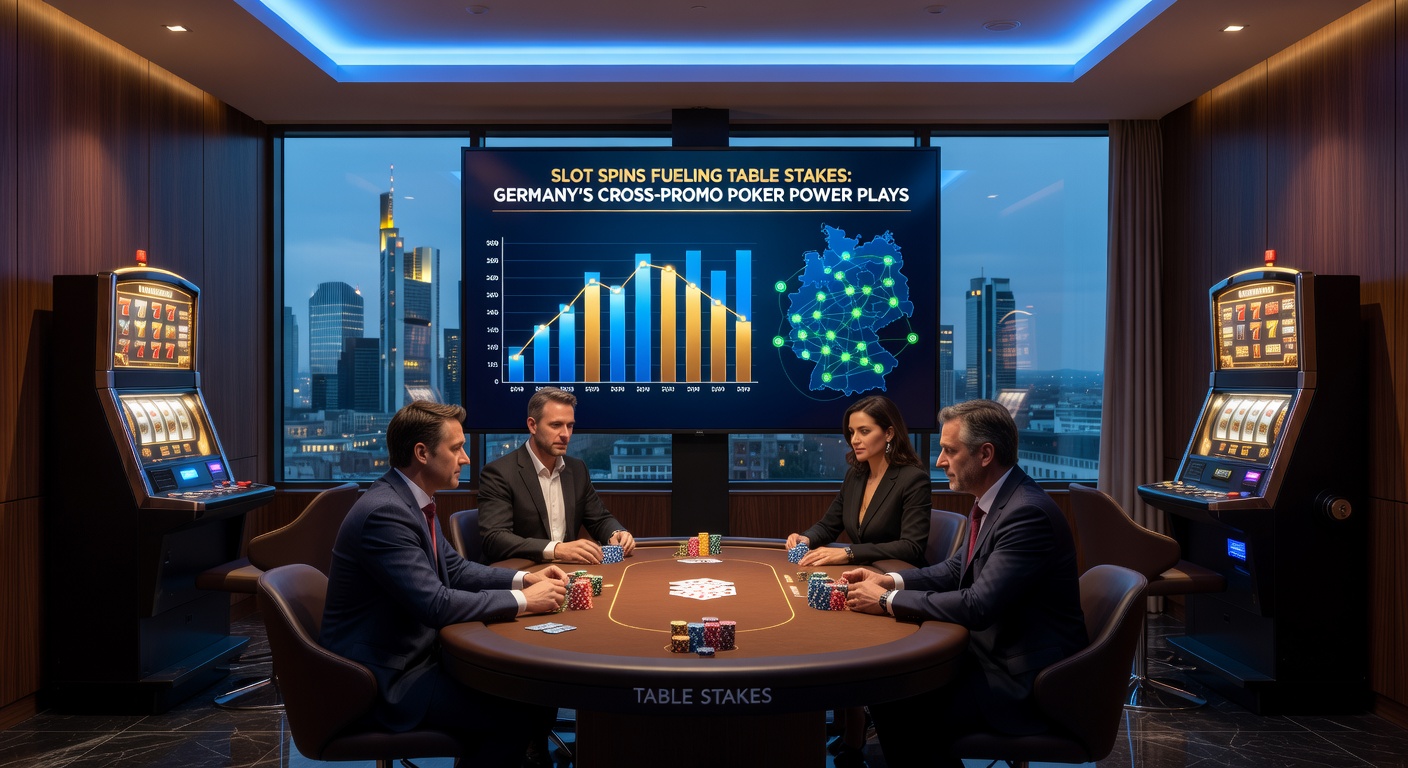 Illustration von Slot-Maschinen, die Poker-Chips in ein Casino speien, symbolisierend Cross-Promotions in Deutschland
